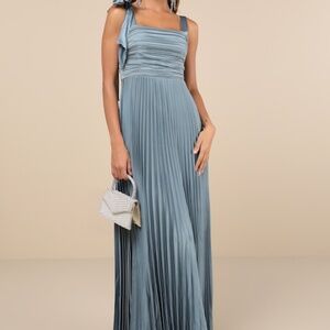 Gorgeous Purpose Slate Satin Pleated Sleeveless Bow Maxi Dress